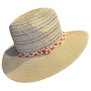 Women's M/L Wide Brim Straw Sun Hat W/ Braided Band Deco
